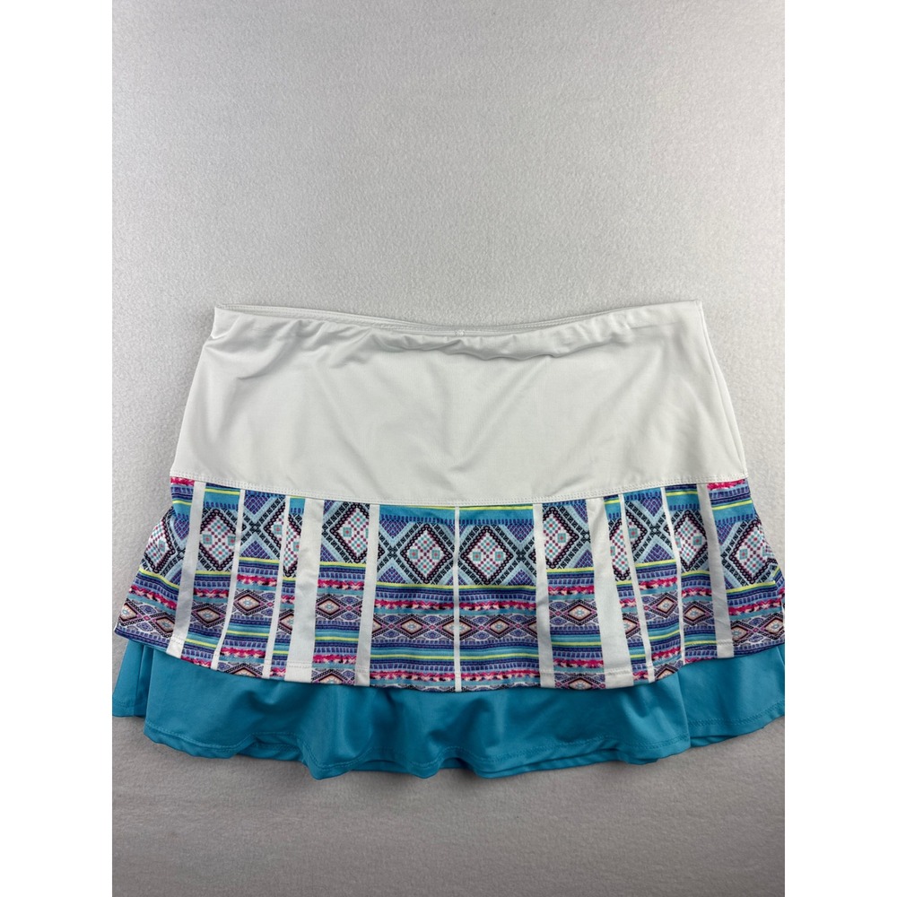 Lucky in Love Womens Tennis Skort Large White Blue Tribal Print Ruffle Skirt